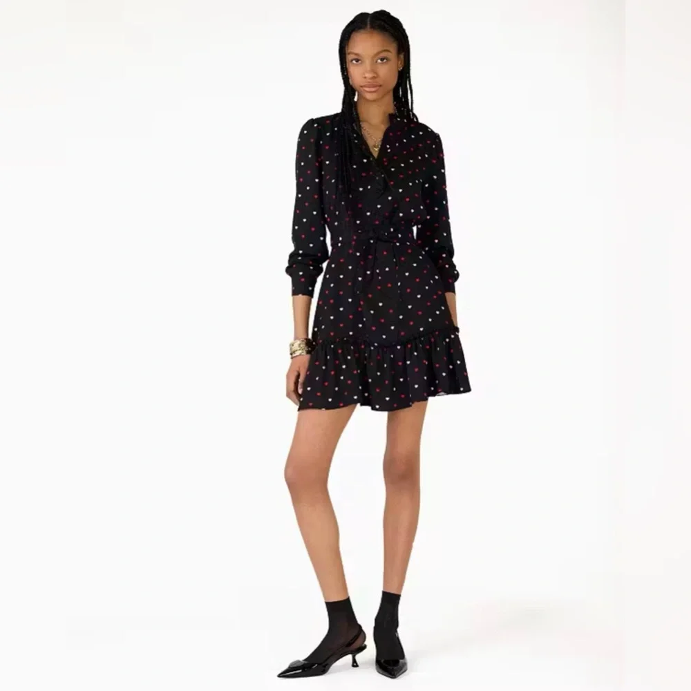 Kate Spade New York Darling Hearts Ruffle Shift Black Dress w Hearts Size:Medium